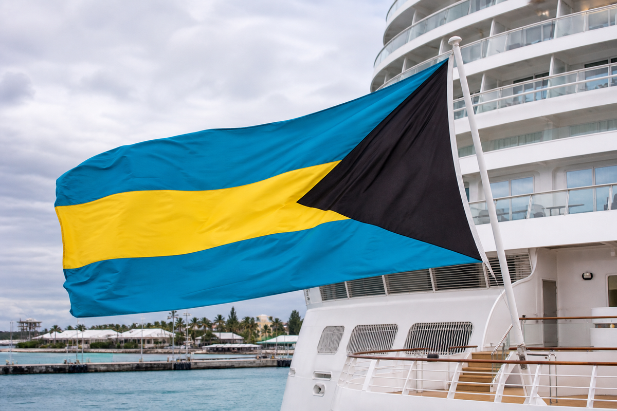 Bahamas flag flying large from the stern of a white cruise ship in harbor