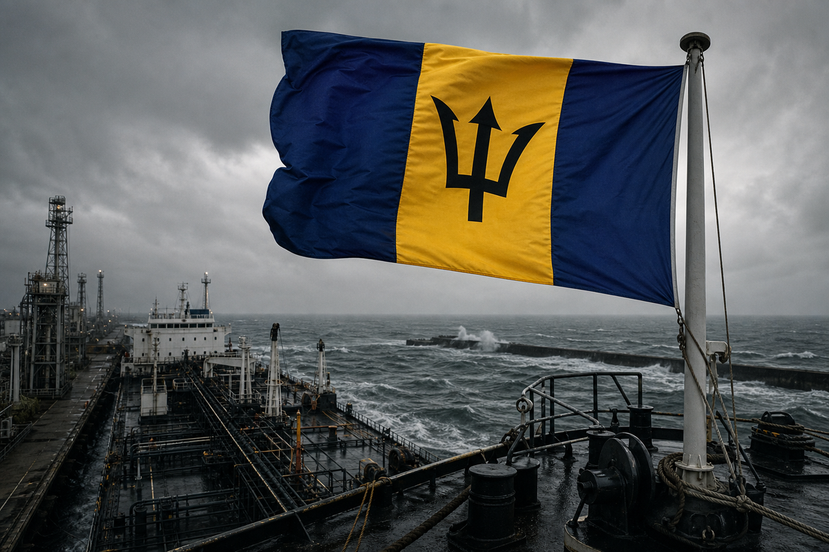 Barbados flag flying over the wet deck of a product tanker in Atlantic weather