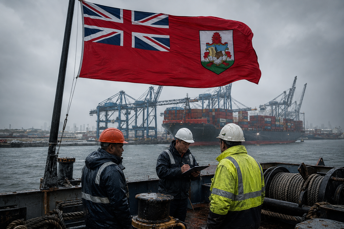 Bermuda Red Ensign above crew and a port inspector working beside a container ship at a rain-darkened terminal