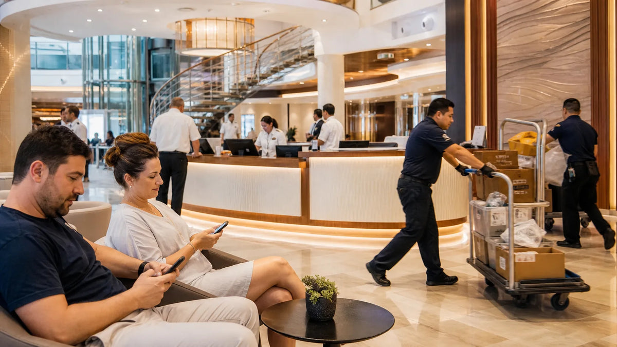 Cruise crew working behind a guest services desk while guests use phones in a bright ship lobby