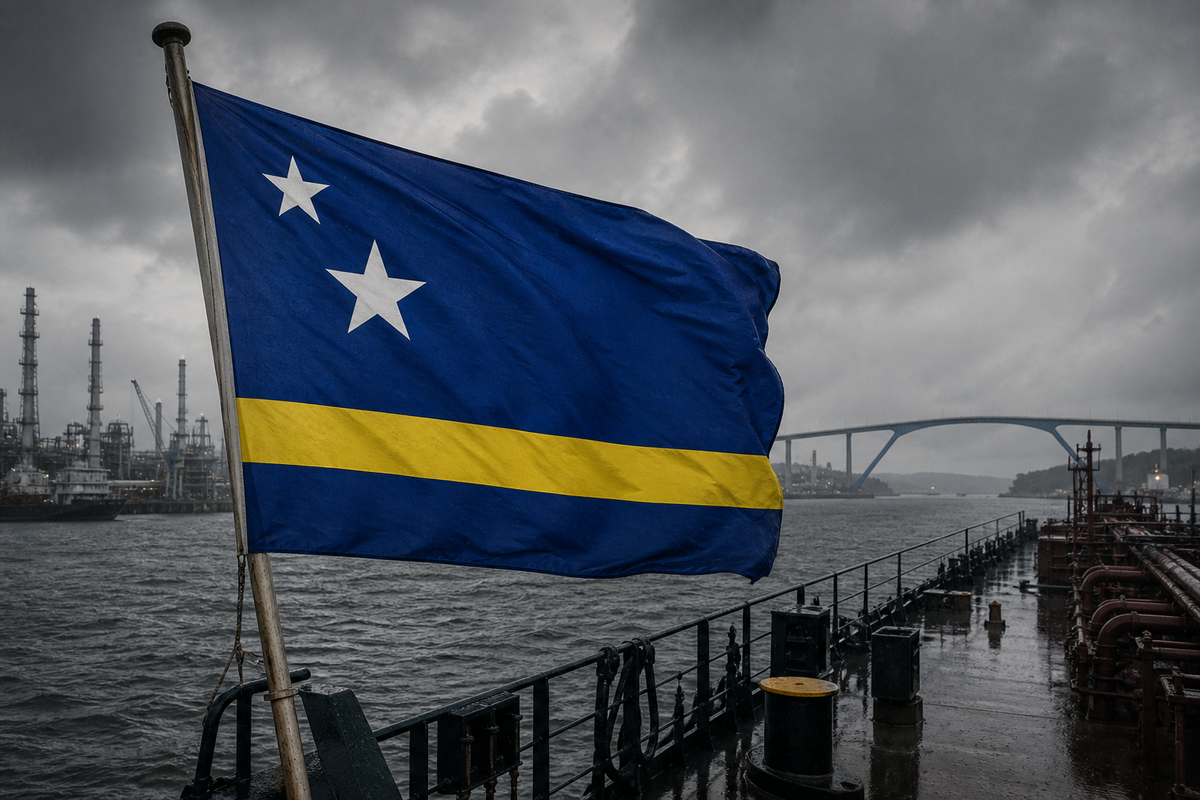 Curacao flag flying from a tanker in rainy Willemstad harbor