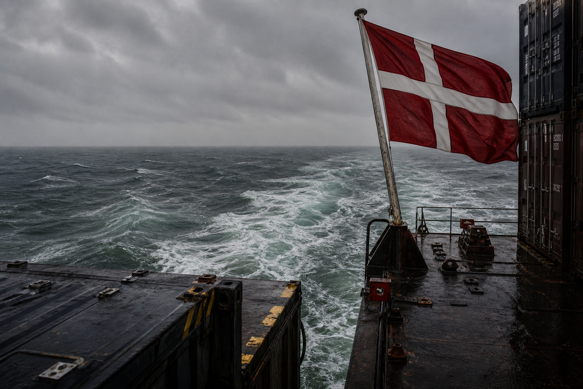 Danish flag on the stern of a container feeder ship in rough North Sea weather