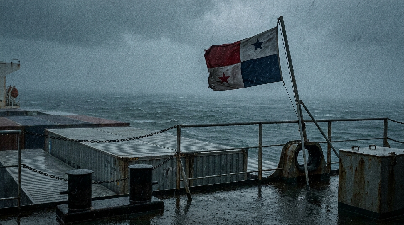 Panama flag flying at the stern of a container ship in heavy rain and rough sea