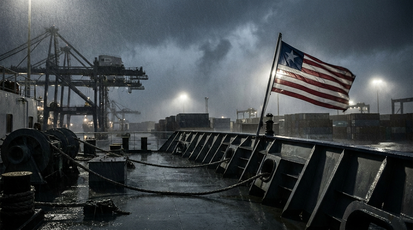 Liberian flag on the stern flagstaff of a cargo ship at a container terminal at night in rain