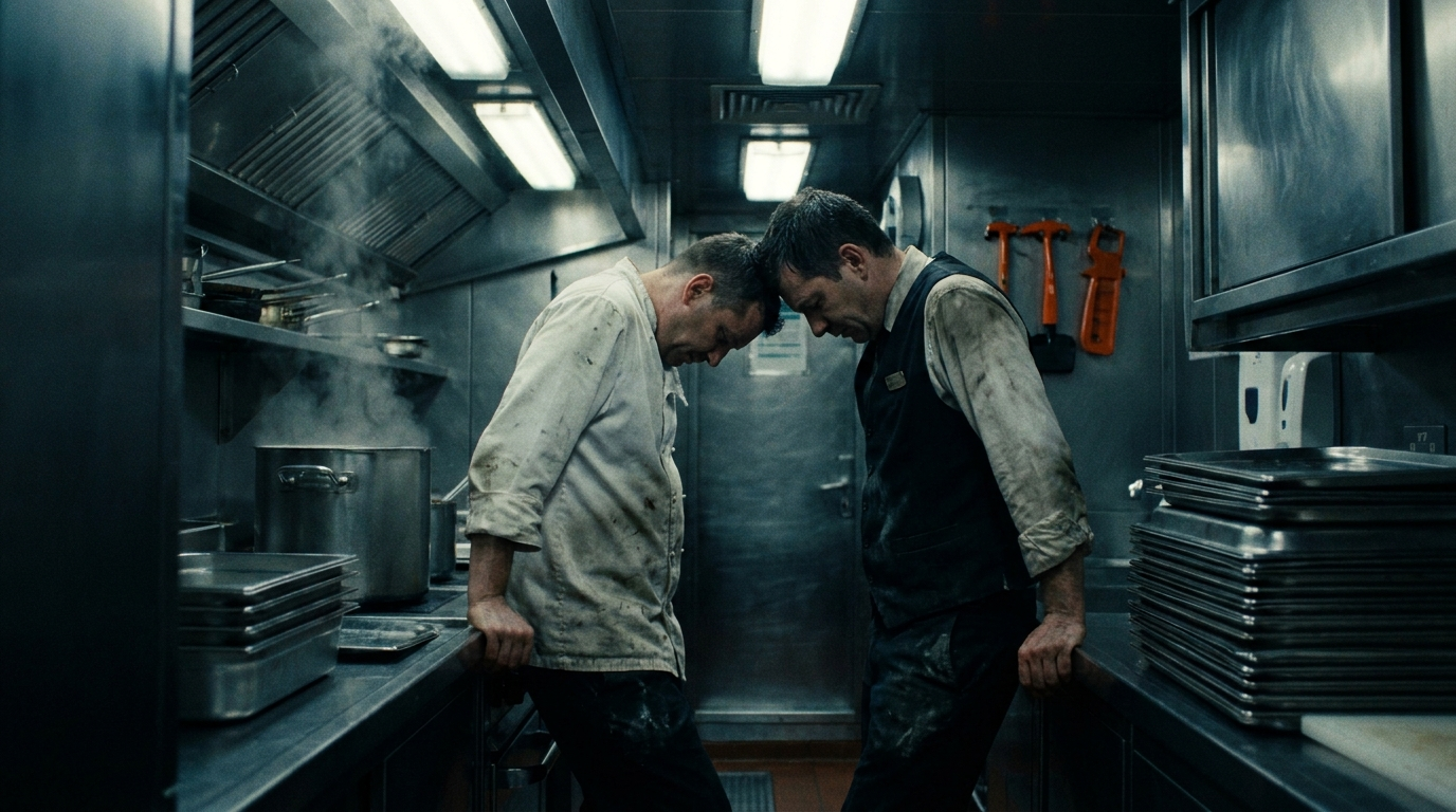 Exhausted galley cook and steward taking a short break in a cruise ship crew galley