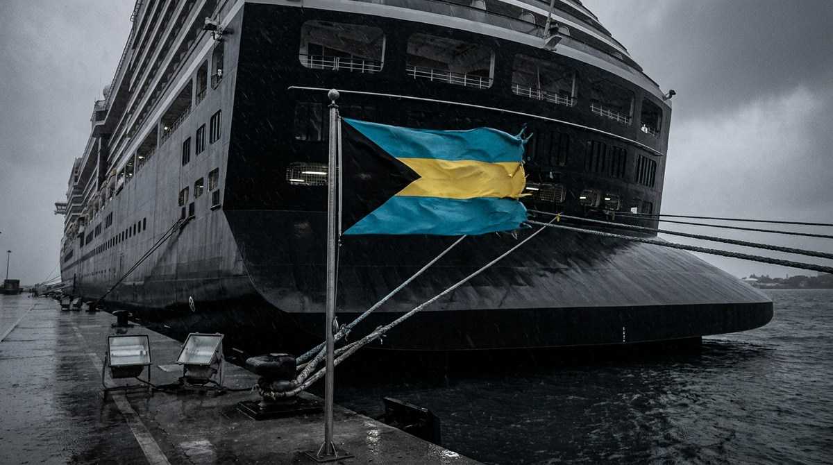 Bahamas flag flying at the stern of a large cruise ship at the quay in rain at dawn