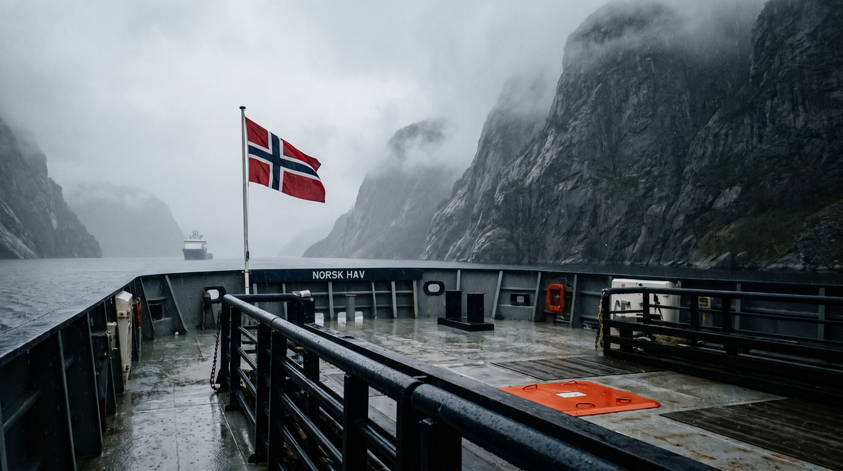 Norwegian flag on the stern of an offshore supply vessel in a misty fjord