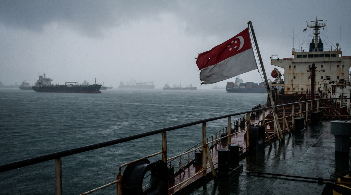 Singapore flag on a cargo ship's stern flagstaff in a rainy crowded anchorage