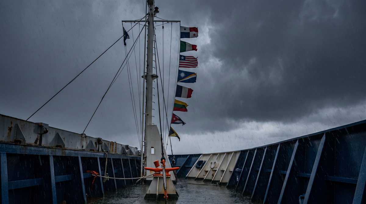 Courtesy flags of several flag states hoisted on a cargo ship's signal mast in heavy rain
