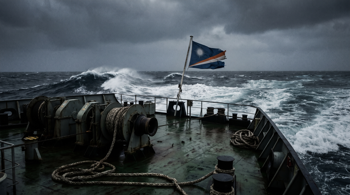 Marshall Islands flag on the stern flagstaff of a tanker in rough following sea