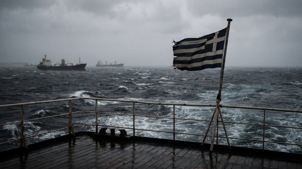 Greek flag straining in hard wind on a cargo ship's stern in heavy Aegean weather