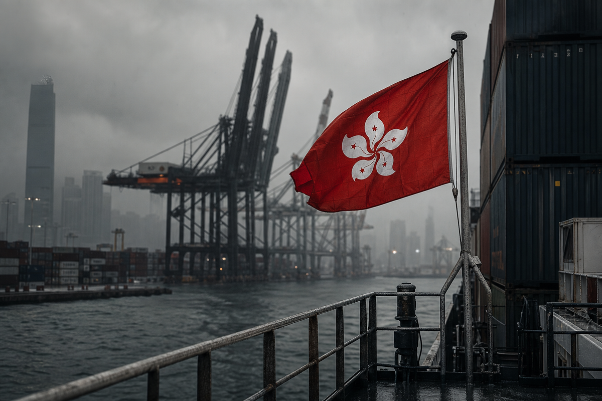 Hong Kong flag flying from a container ship in rainy Victoria Harbour