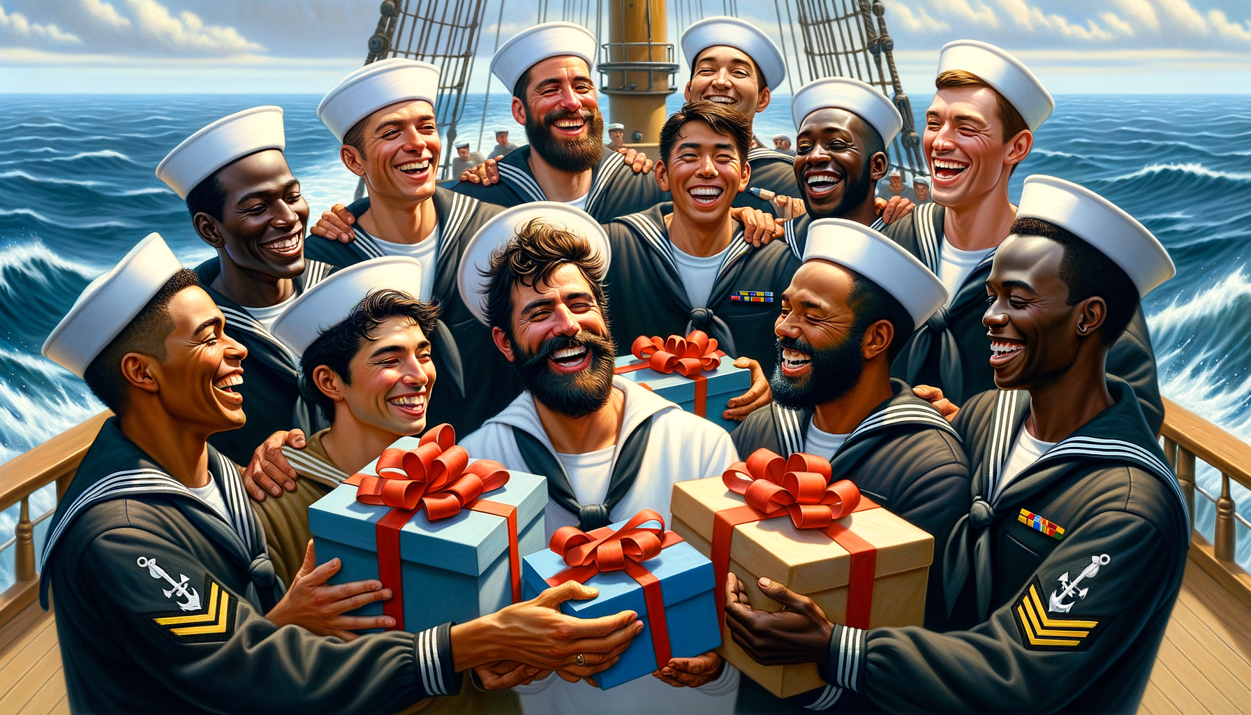 Sefarer exchanging gifts on a ship with nautical design