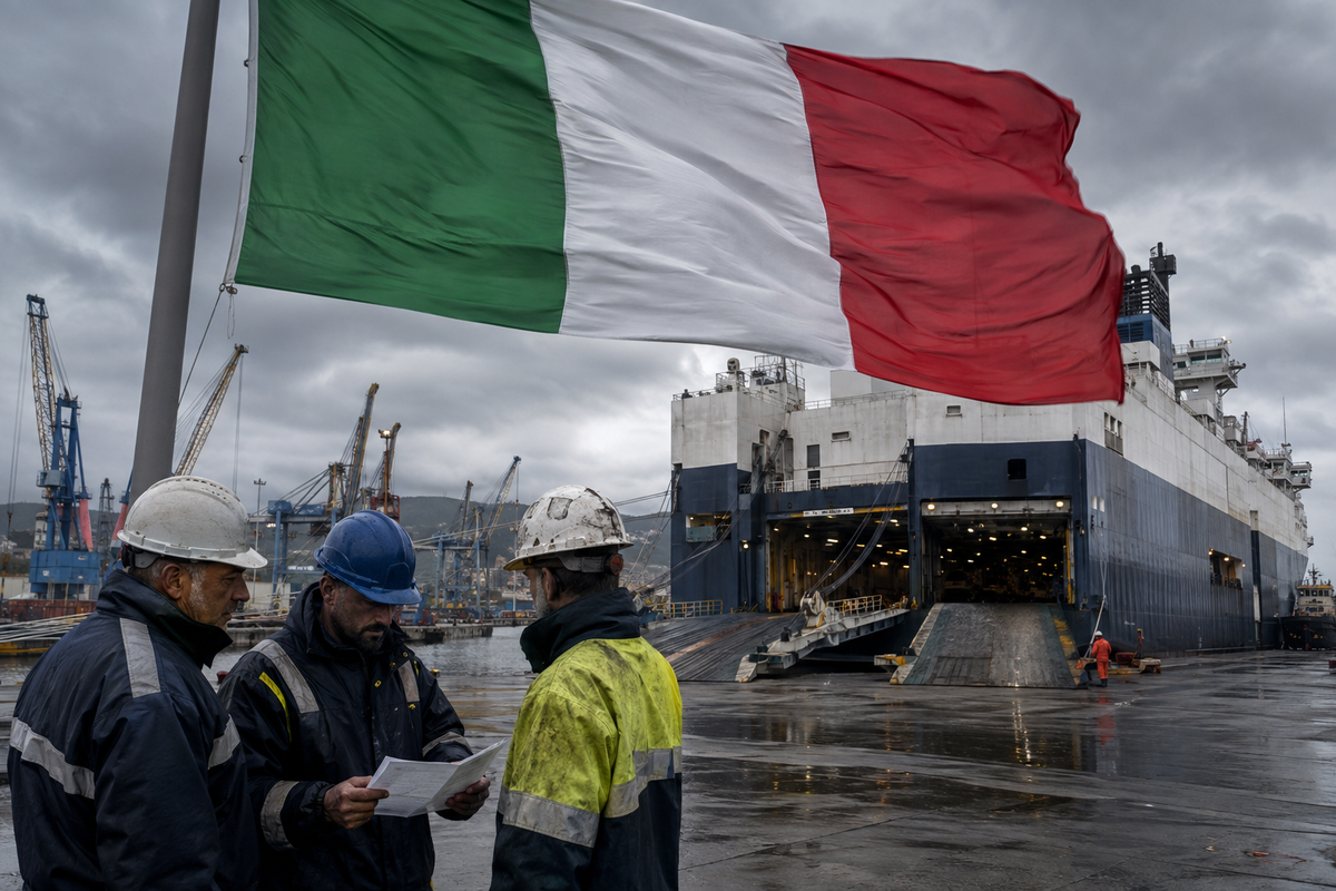 Italian flag above a ro-ro cargo ship as deck crew review papers at a wet industrial berth