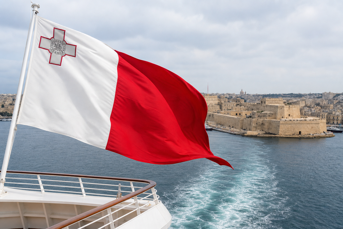 Malta flag flying from a white cruise ship leaving Grand Harbour