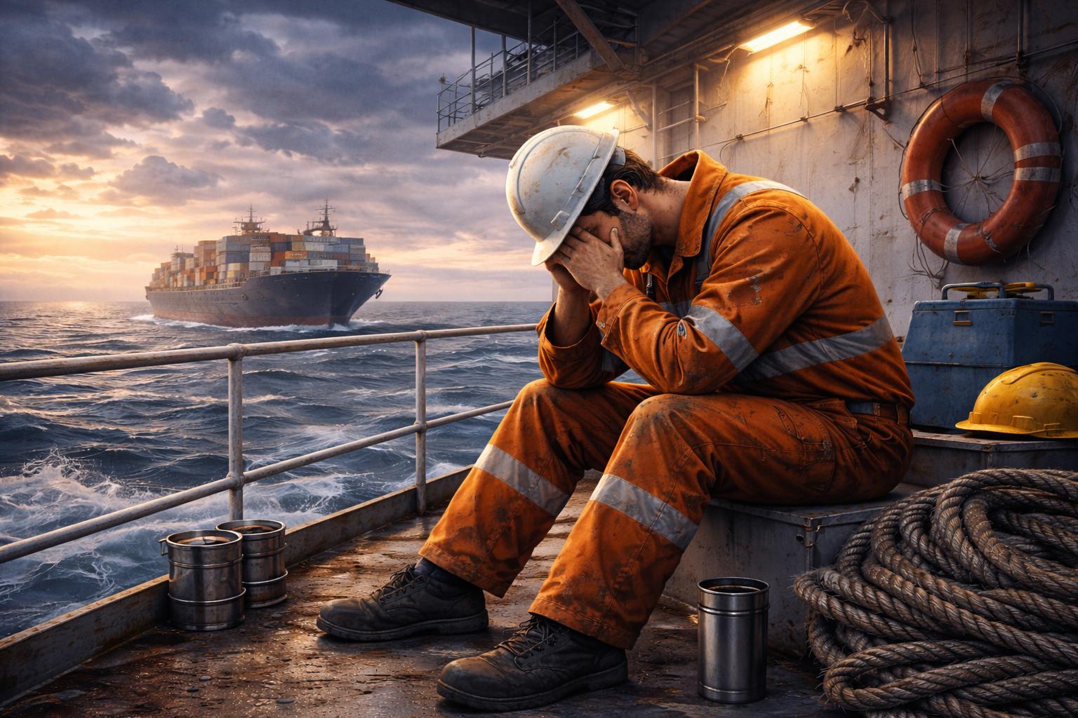 A seafarer sitting with mental health problems on deck