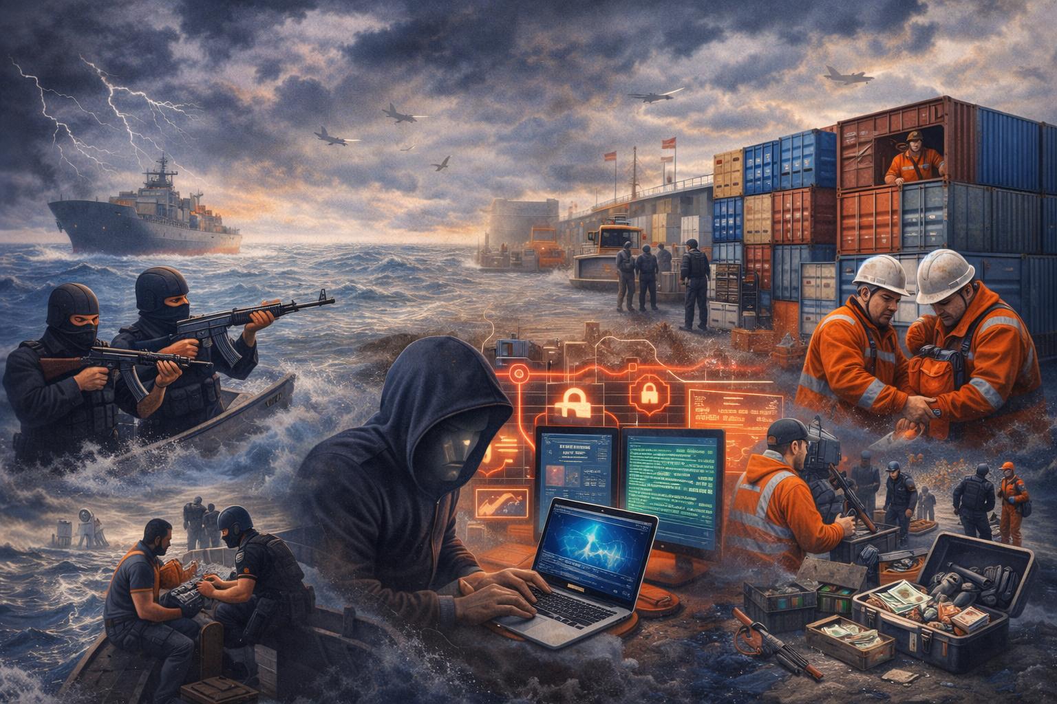 Ship security threats illustrated, including piracy, cyberattacks, smuggling, and onboard security risks.