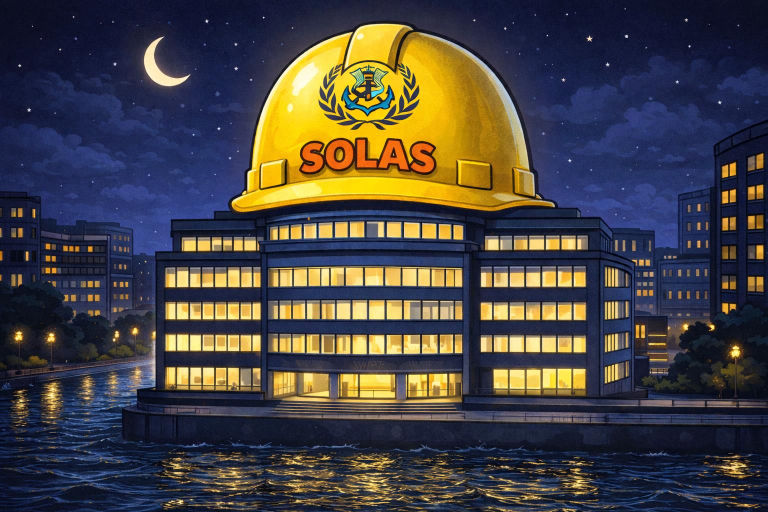SOLAS illustration showing maritime safety regulations represented by a protective helmet over a building at night.