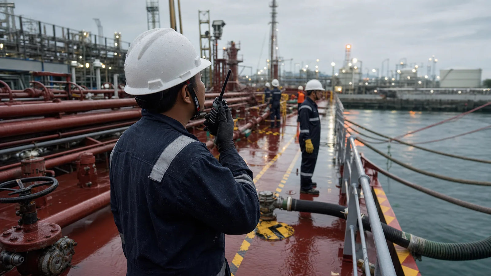 Tanker crew on deck during cargo watch near manifold lines in wet weather at a terminal