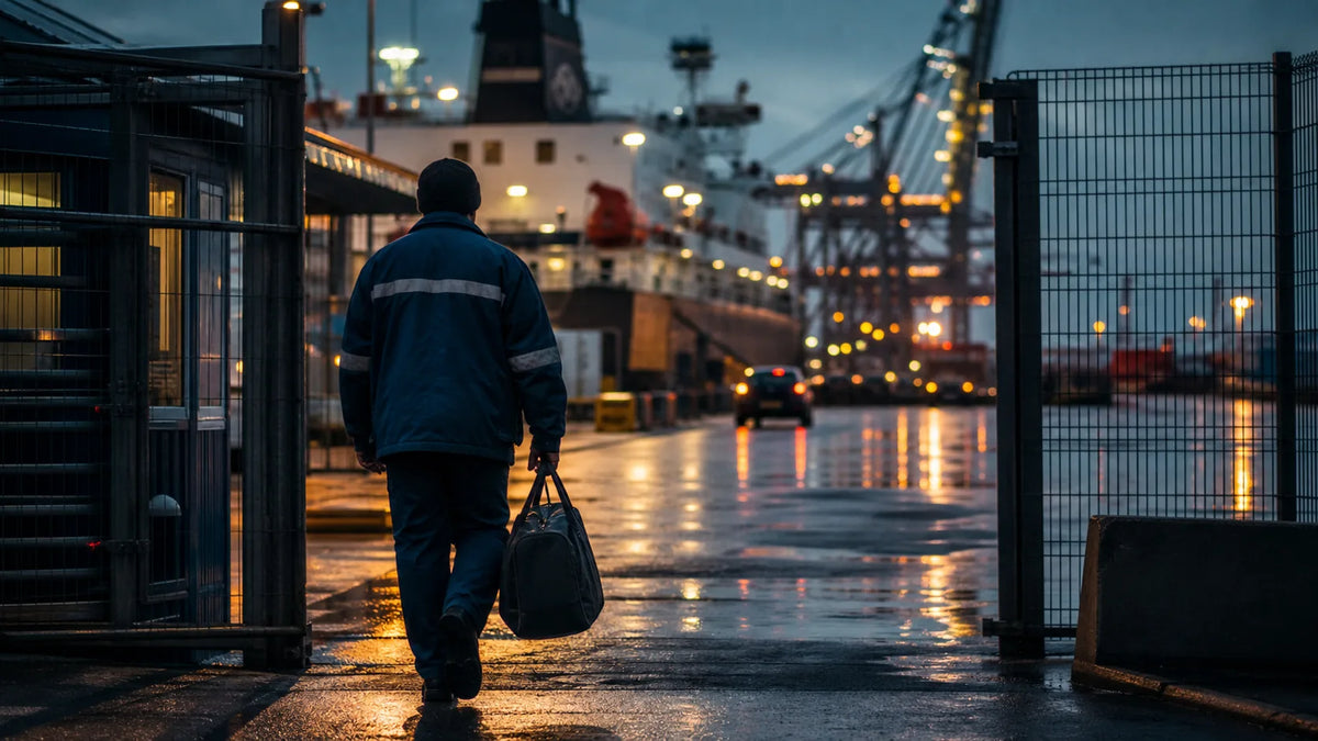 Seafarer walking through a port gate during shore leave in wet evening light