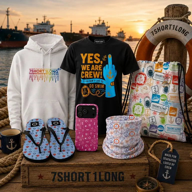 Best gifts for seafarers featuring maritime hoodie, nautical T-shirt, Samsung phone case, flip flops, neck gaiter, and maritime drawstring bag displayed at a harbor pier with ships in the background