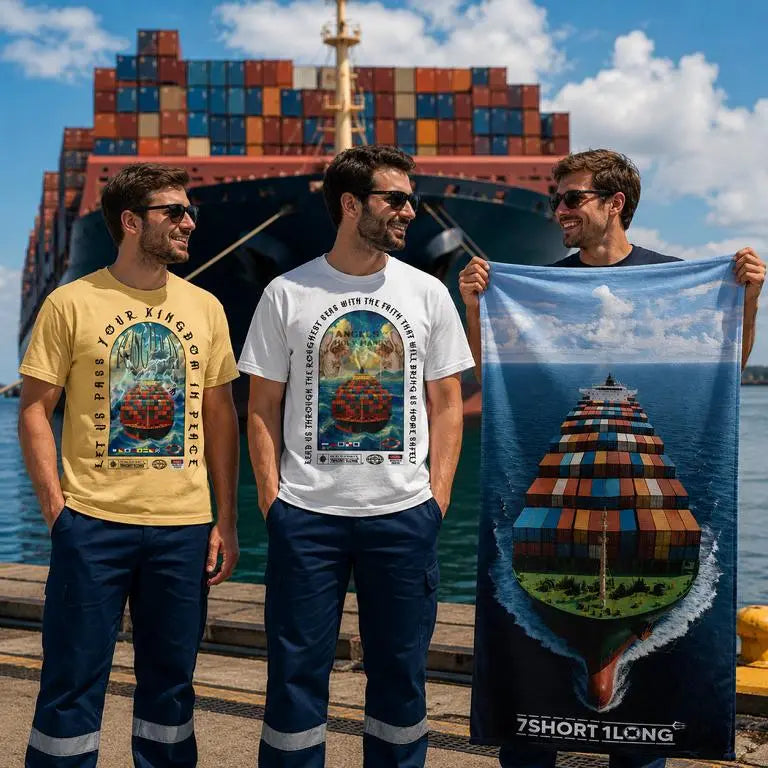 Container Ship with crewmembers on a pier wearing container t-shirts for seafarer in there hand