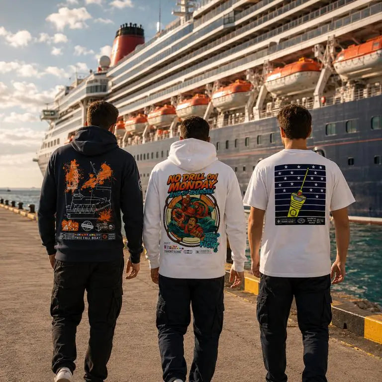 Emergency at Sea collection featuring maritime crew apparel with lifeboat rescue hoodie, emergency drill clothing, and ship safety designs worn by seafarers walking toward a cruise ship with visible rescue boats at the pier.