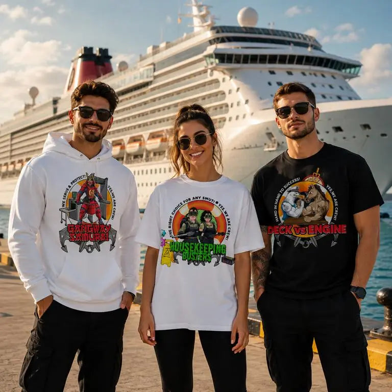 Cruise ship crew apparel featuring maritime department clothing, housekeeping crew shirt, deck vs engine t-shirt, and gangway samurai hoodie worn by ship crew members standing at a cruise port pier.