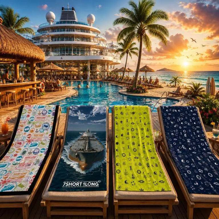 Luxury maritime beach towels by 7SHORT1LONG displayed on lounge chairs beside a tropical cruise ship pool deck with ocean sunset, palm trees, beach atmosphere, and nautical-inspired towel designs for seafarers and maritime lifestyle lovers.