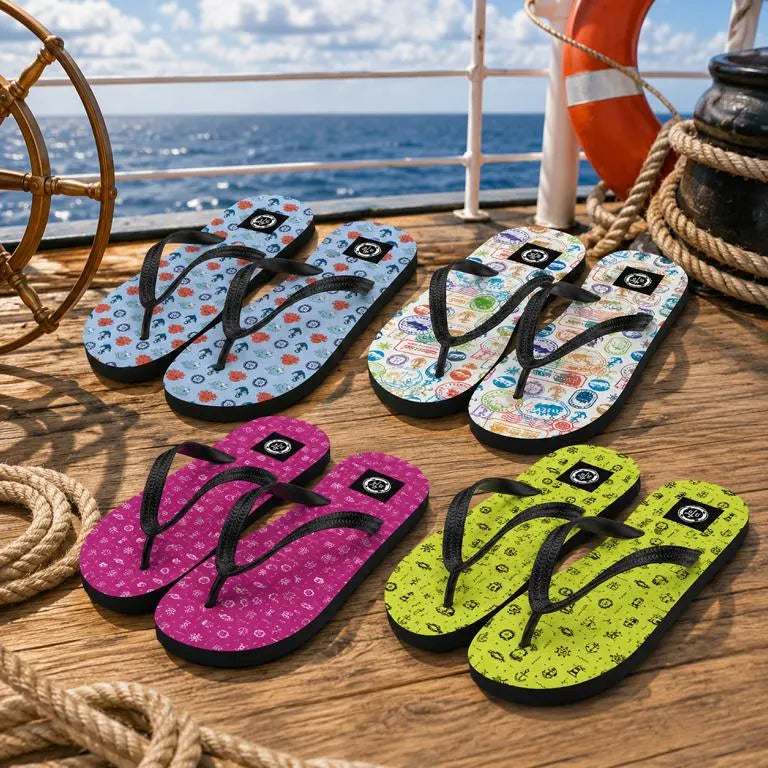 Maritime Flip Flops on a ship deck with a lifering and compas