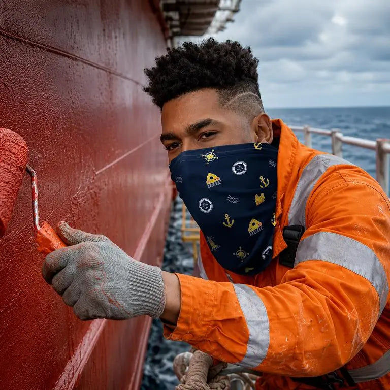Deck Crew painting the ship and wear amaritime neck gaitor with maritime pattern