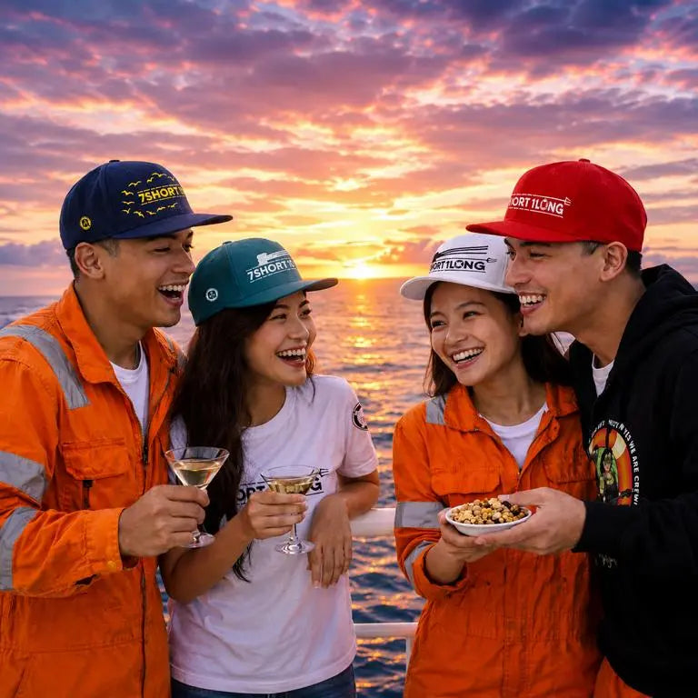Peopel weraing maritime snapback caps on a ship deck to a sunset