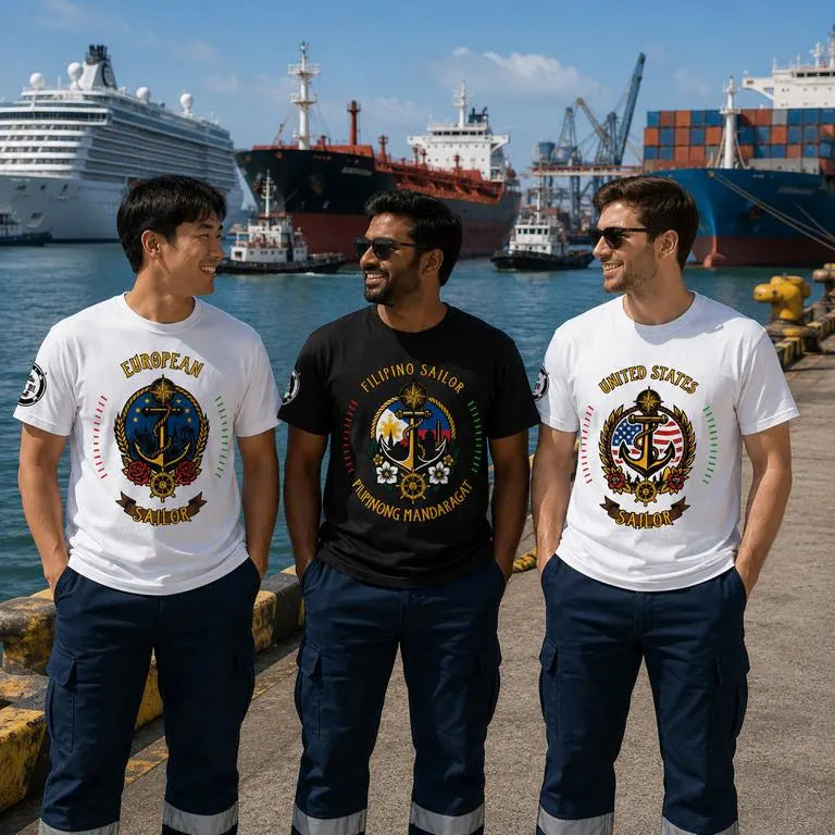 Maritime T-Shirts worn by three international crew members standing at a busy harbor pier with container ships, tanker vessels, and cruise ships in the background, representing authentic seafarer lifestyle