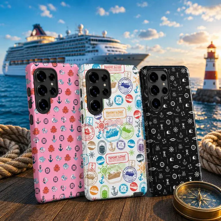 Maritime Samsung hard case collection featuring nautical phone case designs with cruise ship background, ocean-inspired patterns, and durable protective Samsung cases for sailors and maritime enthusiasts.