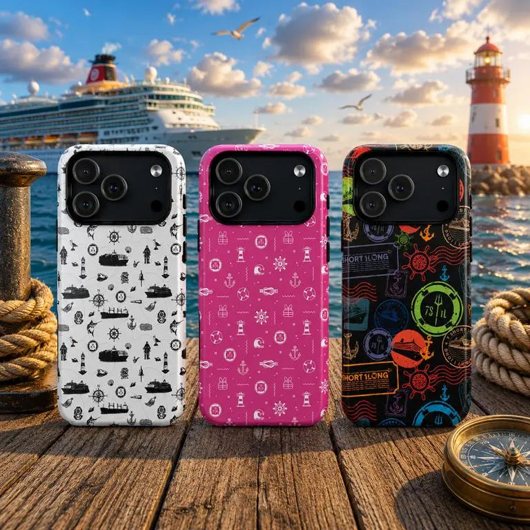 Nautical iPhone case collection featuring maritime-inspired protective phone cases with ocean-themed designs, cruise ship background, lighthouse scenery, and durable stylish iPhone cases for sailors and sea lovers.