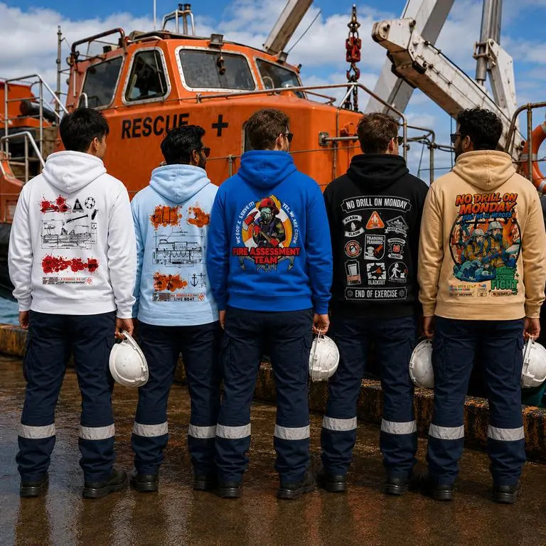 Navy color hoodie with rescue boat design