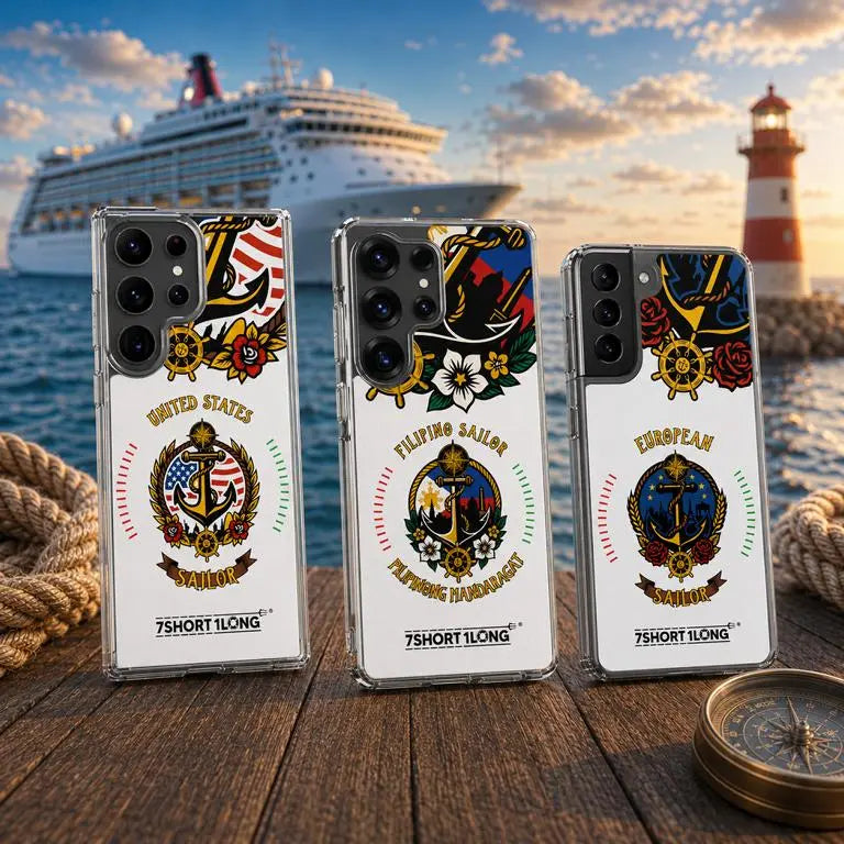 Maritime Samsung case collection featuring anchor-themed Samsung phone cases with sailor-inspired artwork, durable protective hard cases, and nautical designs displayed in a luxury cruise ship harbor setting.
