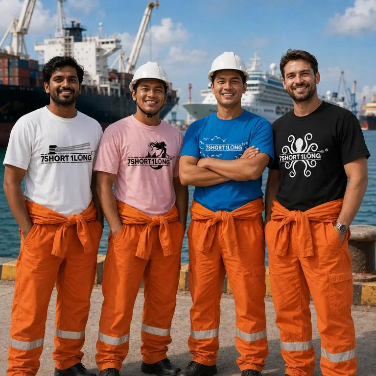  Sailor stand on the pier at the port and wearing sefarer t-shirts in different colors