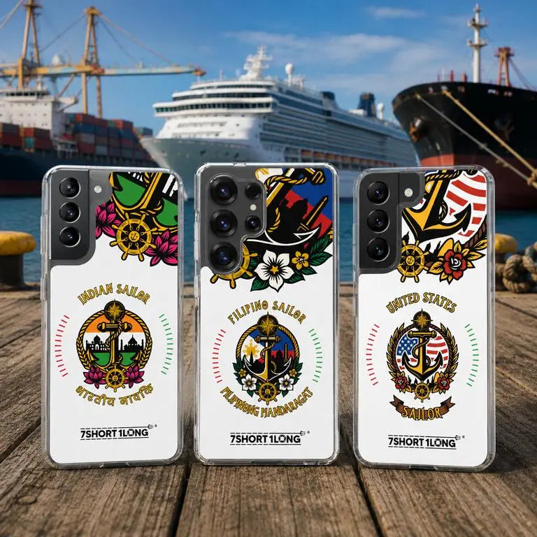 Sefarer Samsung Clear Case stand on the pier in the background different ship types in a port