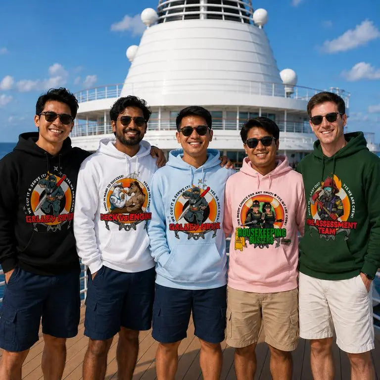 Crew is standing on a cruise shipo deck from different ship deparments wearing deparment hoodies