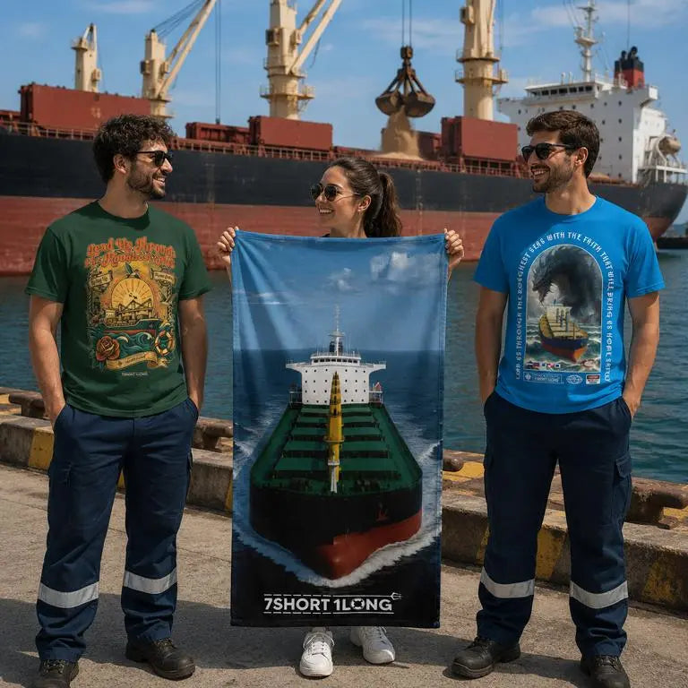 Bulk Carrier crew members with bulk karrier t-shirt stay on the pier in the back ground a bulk cargo ship get loaded