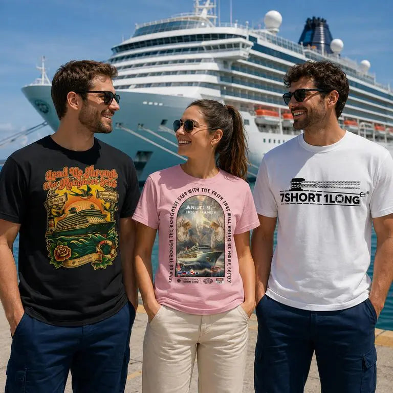 Guest from a cruise at the pier with a cruise ship in the background wearing a cruise ship t-shirt in different colors