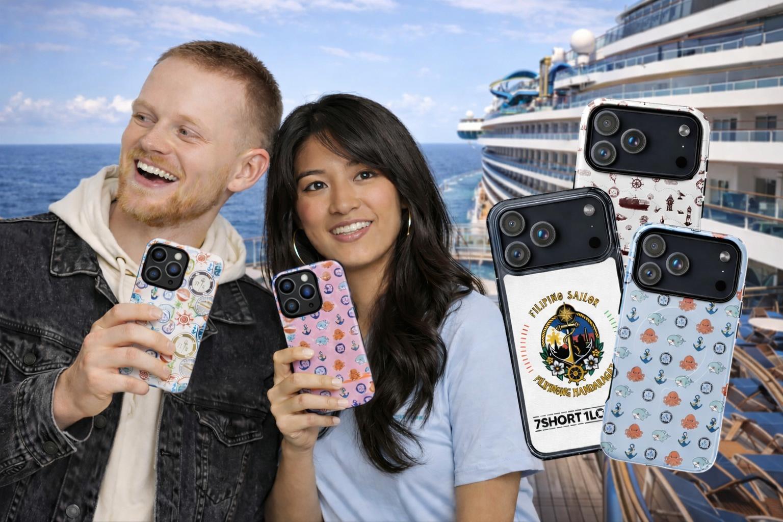 cruise ship guest with iphone cose with maritiem pattern