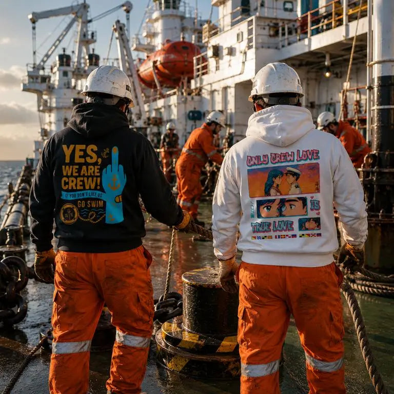 Life at sea seafarers working on a ship deck wearing maritime hoodies over orange coveralls and safety helmets, featuring authentic Life at Sea apparel and nautical crew clothing during onboard operations at sea.