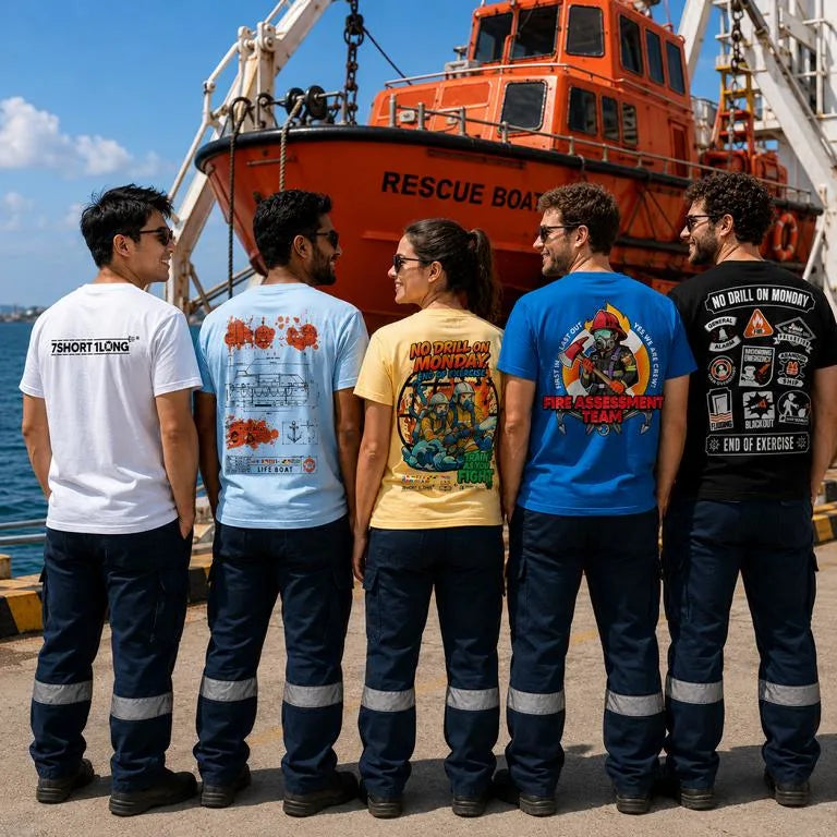 Sailor staz in front of a rescue boot wearing safety at sea t-shirts from SOLAS regulation