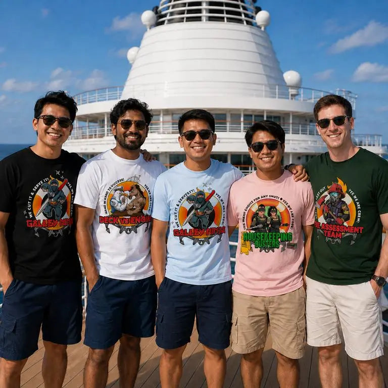 Crew member from different ship departments wearing deparment shirts on a ship deck