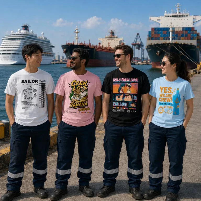 Seafarer stay on the pier with ship life t-shirts  enjoying the ship life from cruise ship, tanker ship, container ship