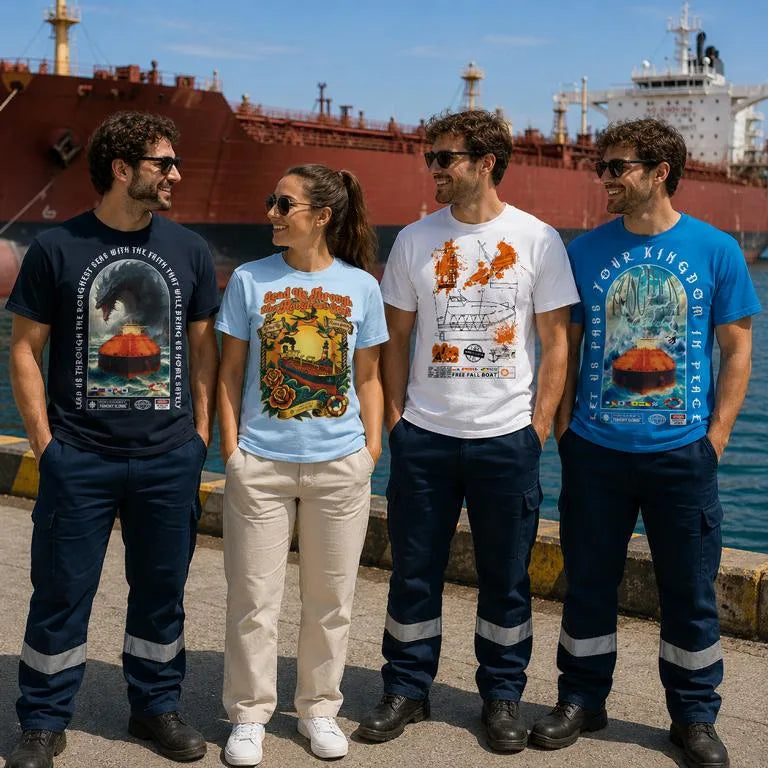 Tanker Ship Crew satnd with Tanker T-Shirts on a pier behind the crewmwmbers are a big tanker ship at the pier
