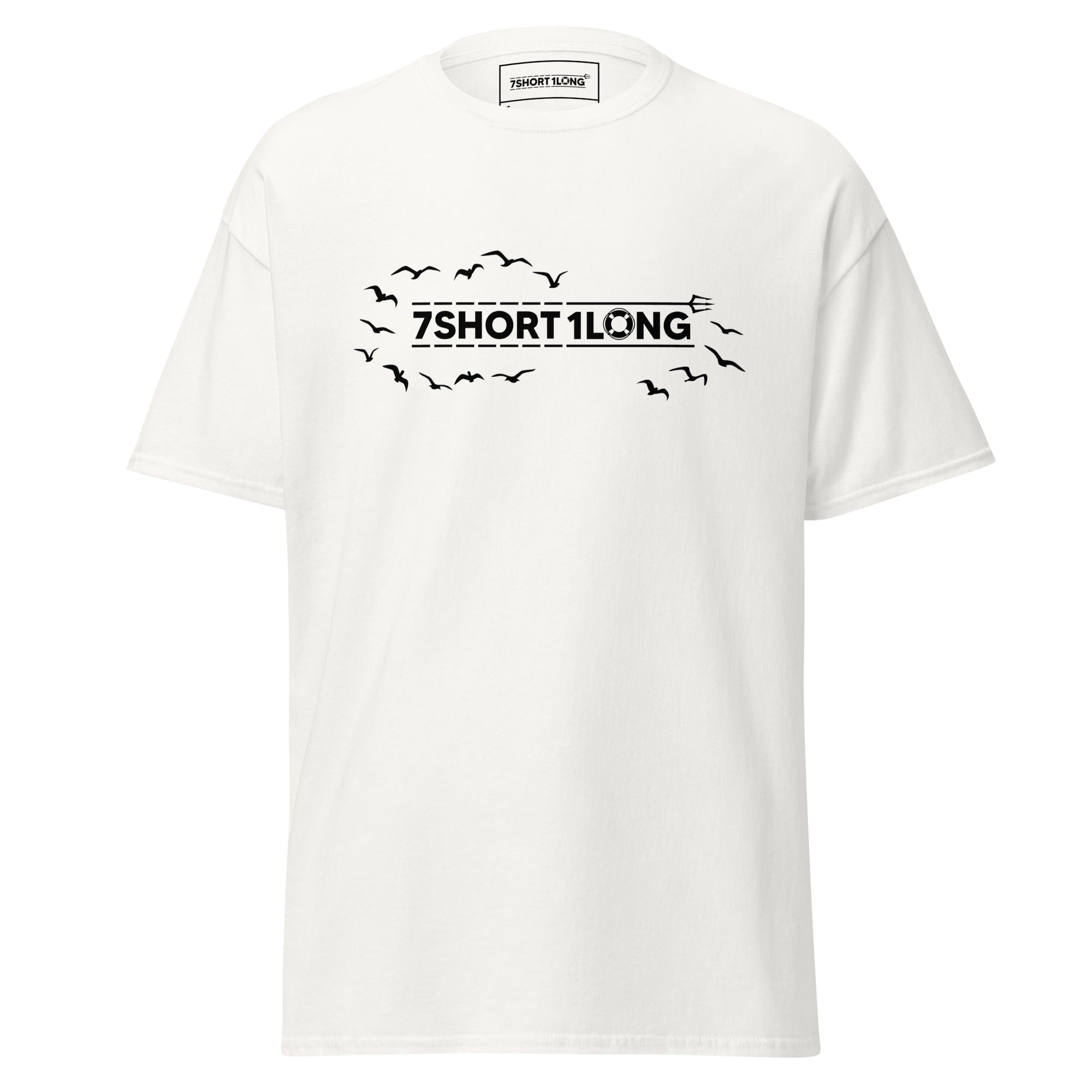 white t-shirt with 7short 1 long print