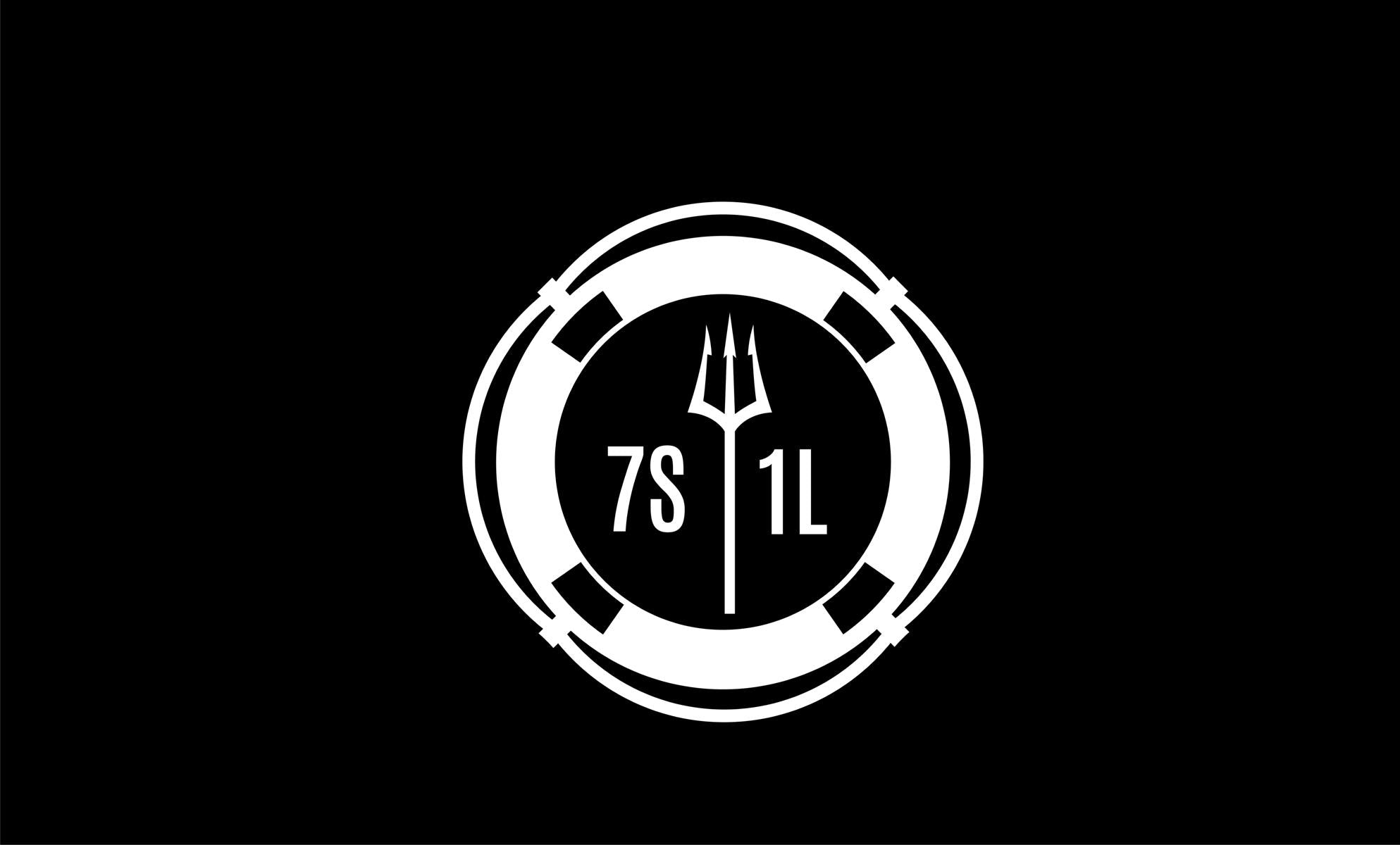 Black and white logo with '7S 1L' and a trident symbol on a black background